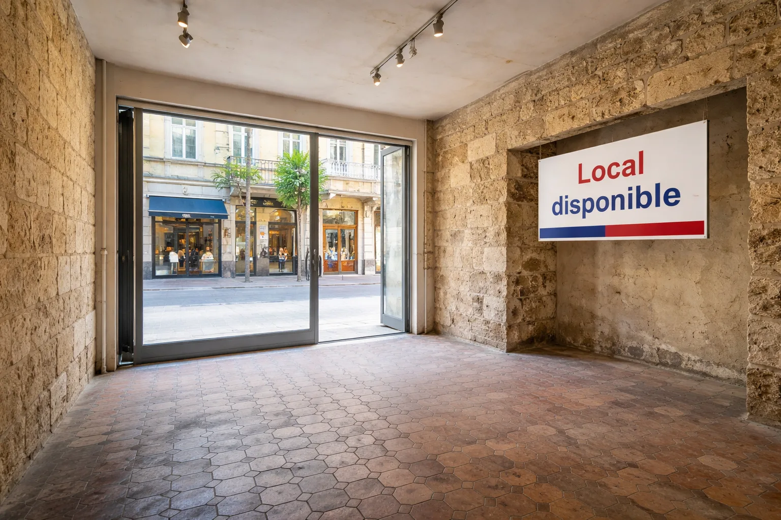 Local commercial vide avec panneau Local disponible, vitrine donnant sur rue piétonne, prêt pour un débit de boissons
