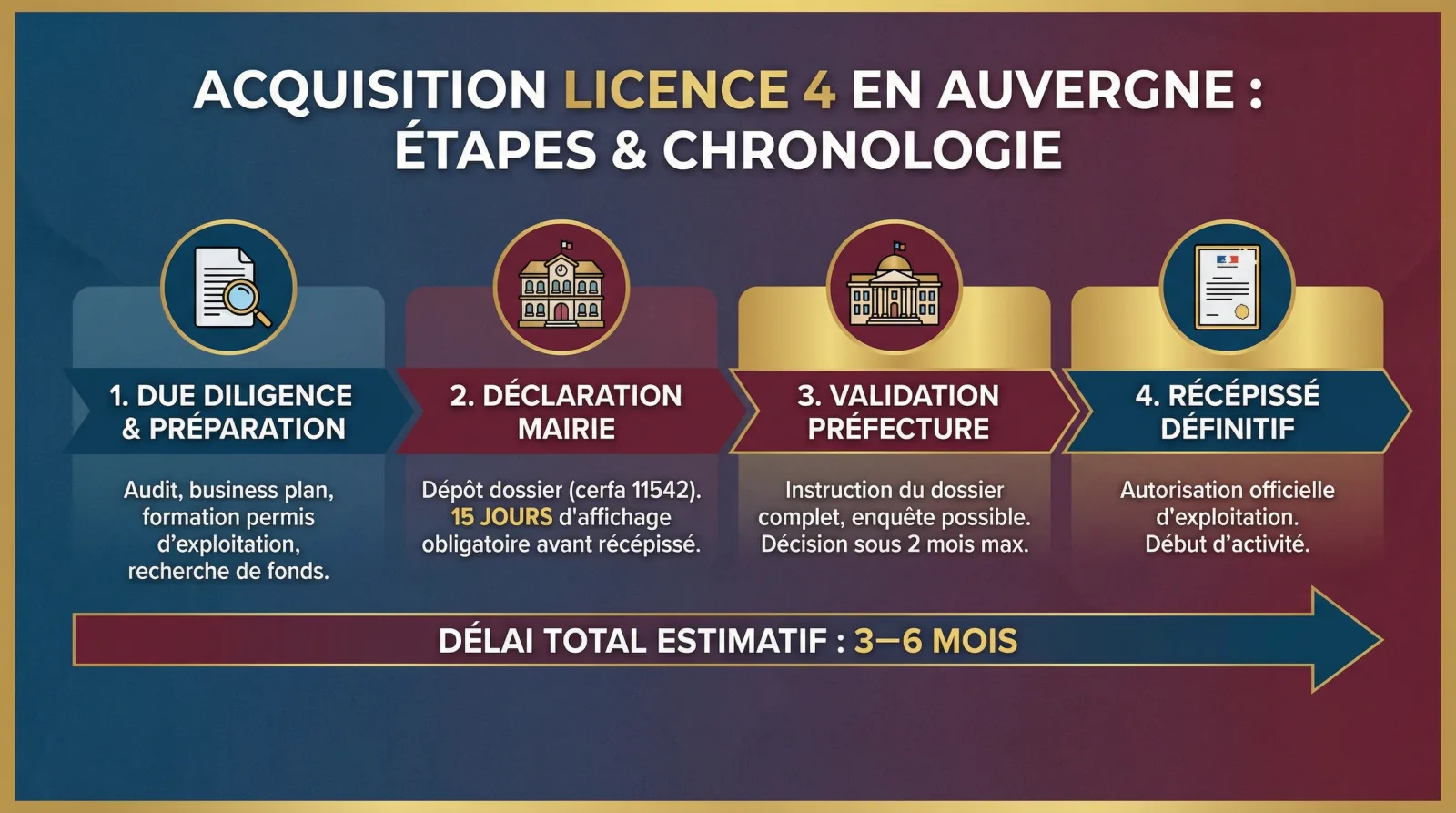 Infographie : étapes et délai (environ 2 mois) d'un transfert de licence 4 dans le Puy-de-Dôme