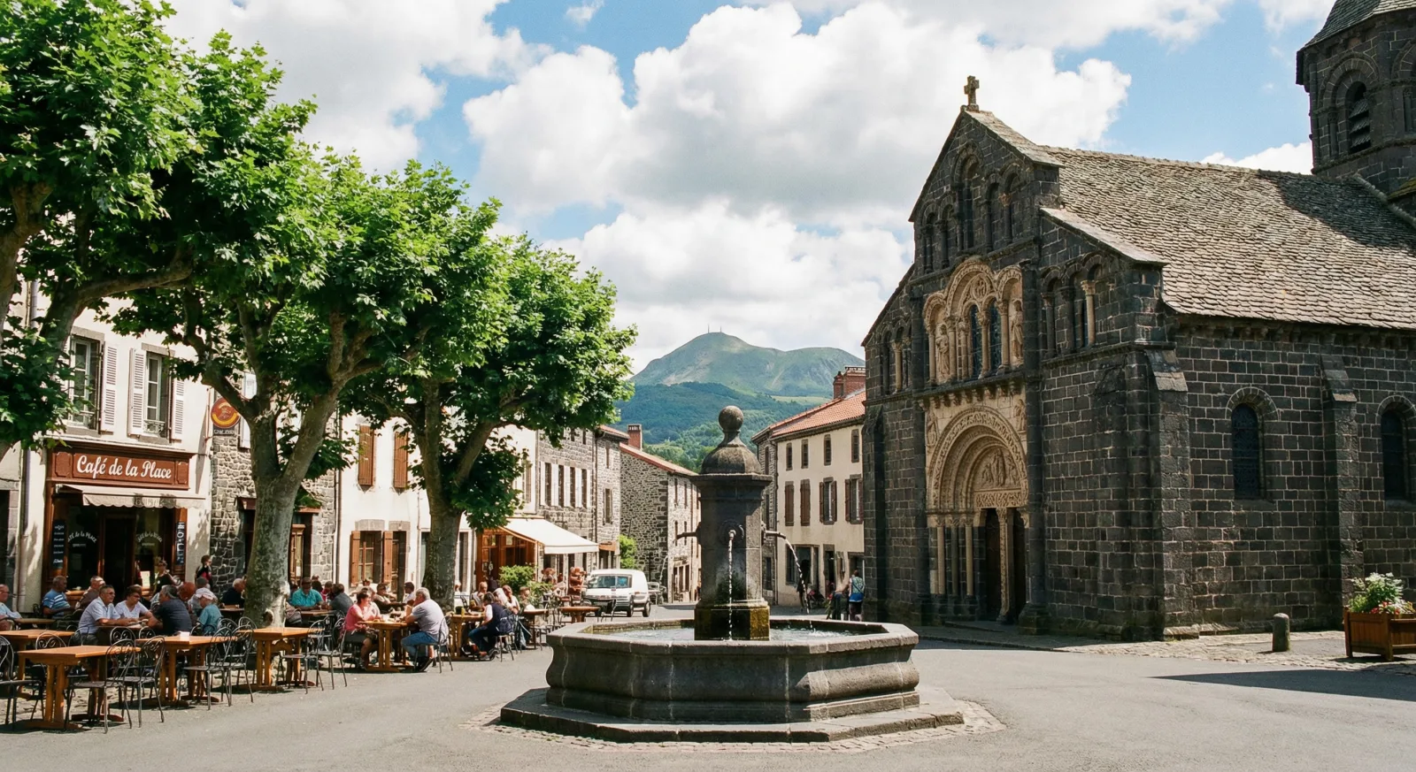 Place d'un village du Puy-de-Dôme avec café et terrasse, église romane en pierre volcanique, sommets de la chaîne des Puys