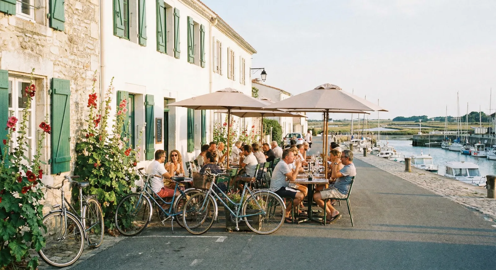 Terrasse de restaurant sur l'île de Ré, maisons blanches aux volets verts, vélos, roses trémières