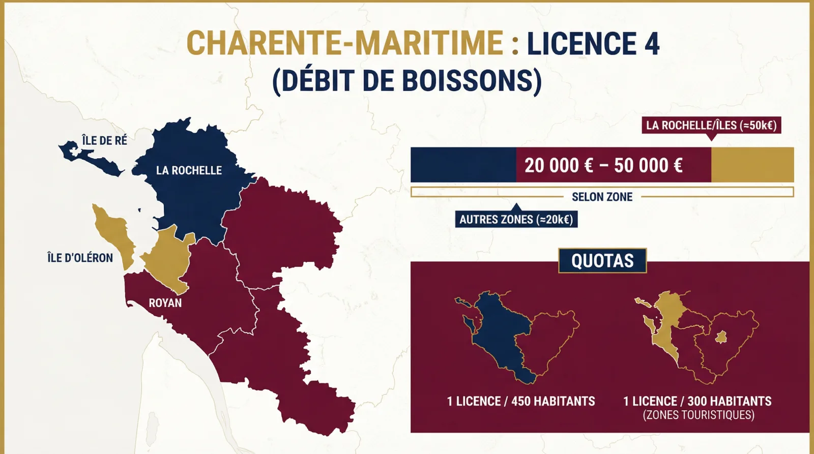 Infographie : marché des licences 4 en Charente-Maritime, de La Rochelle aux îles de Ré et Oléron