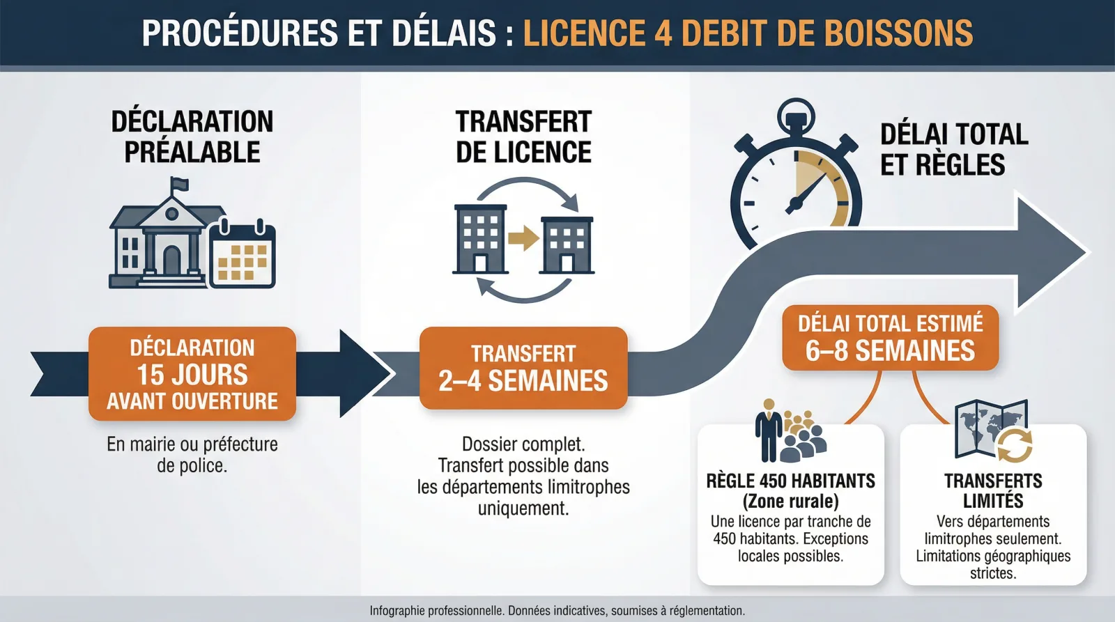 Infographie : étapes de la déclaration Cerfa licence 4 (déclaration 15 jours, enregistrement)
