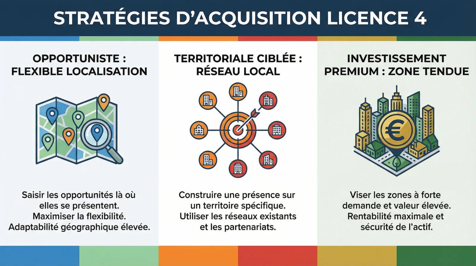 Infographie : strat&eacute;gies d'acquisition licence 4 (opportuniste, territoriale, investissement premium)