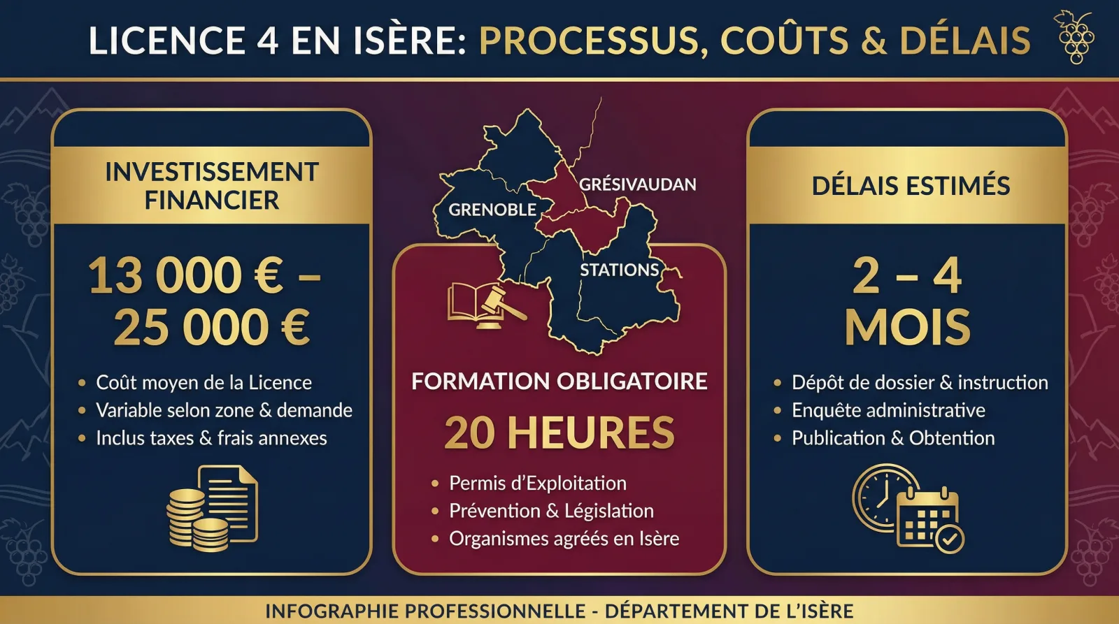 Infographie : d&eacute;marches et d&eacute;lais d'acquisition d'une licence 4 en Is&egrave;re