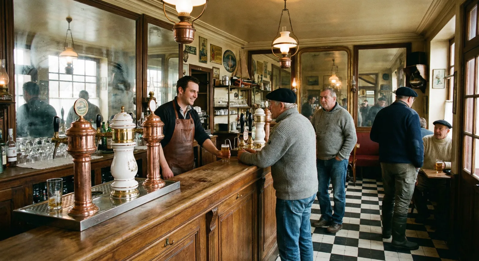 Intérieur de brasserie normande dans le Calvados : comptoir en bois, cidre et bière, ambiance bistrot