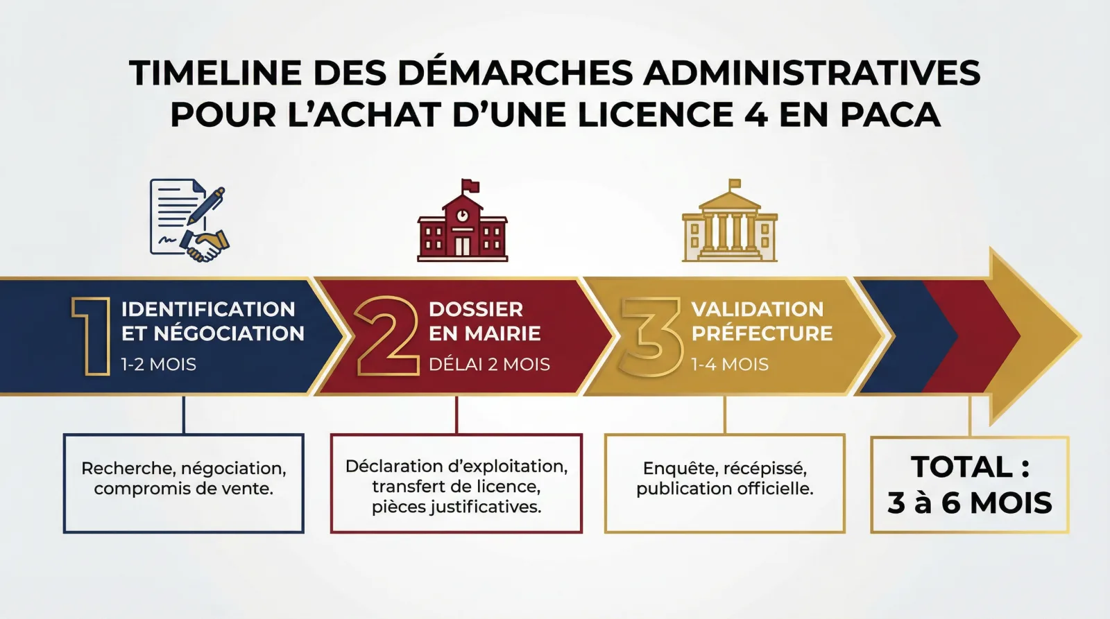 Infographie : étapes et délai (déclaration mairie 15 jours, transfert préfectoral, total environ 2 mois) d'un transfert de licence 4 dans les Bouches-du-Rhône
