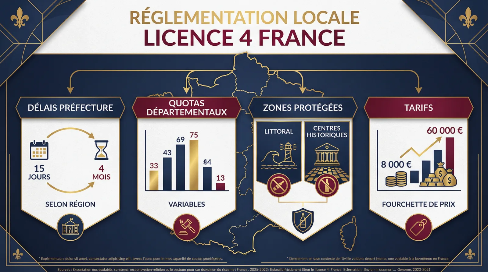 Infographie : &eacute;tapes et d&eacute;lais d'un transfert de licence 4 (d&eacute;claration en mairie 15 jours, instruction pr&eacute;fectorale)